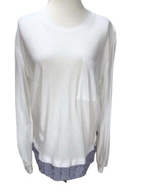 Avec Les Filles White Knit Top Long Sleeve Cotton Striped Blue Trim Long Tunic